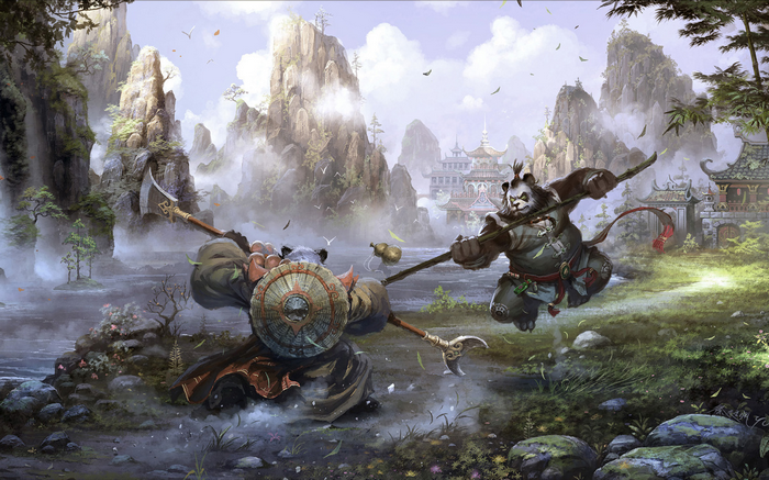 Pandaren warriors fighting in a misty valley