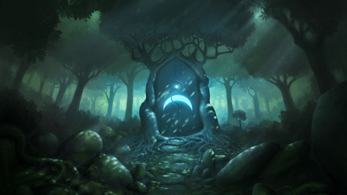 Fantasy forest with a glowing moon door