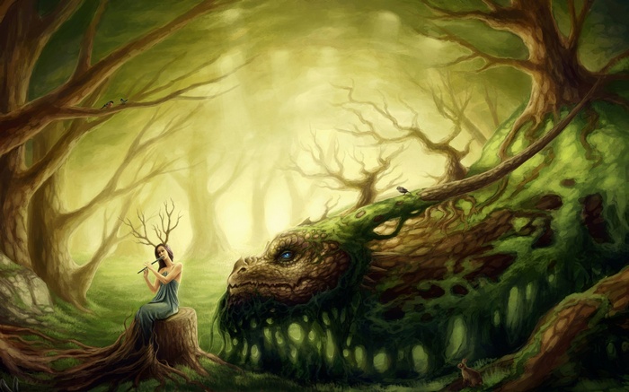 Woman with Antlers Playing Flute Next to a Mossy Dragon