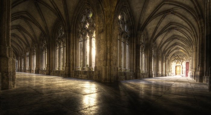 Gothic architecture hallway with sunlight