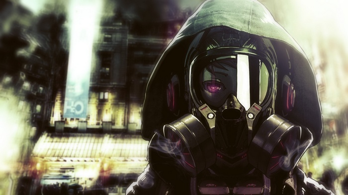 Anime character in gas mask in dystopian city