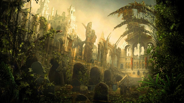 Apocalyptic ruins of a grand building overgrown with plants