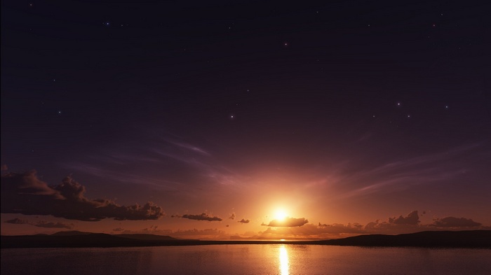 Sunset over a calm lake with stars in the sky