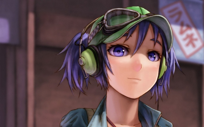 Kawashiro Nitori wearing headphones and goggles