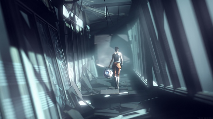 Chell holding a portal device in Portal 2