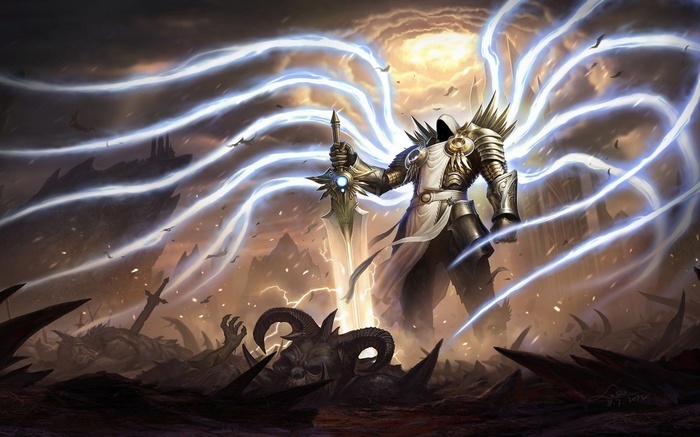 Tyrael from Diablo 3 with glowing wings and sword