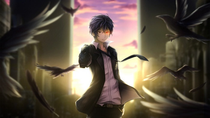 Rentaro Satomi with a gun and crows