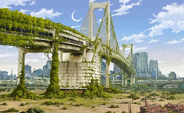 Overgrown bridge and abandoned city