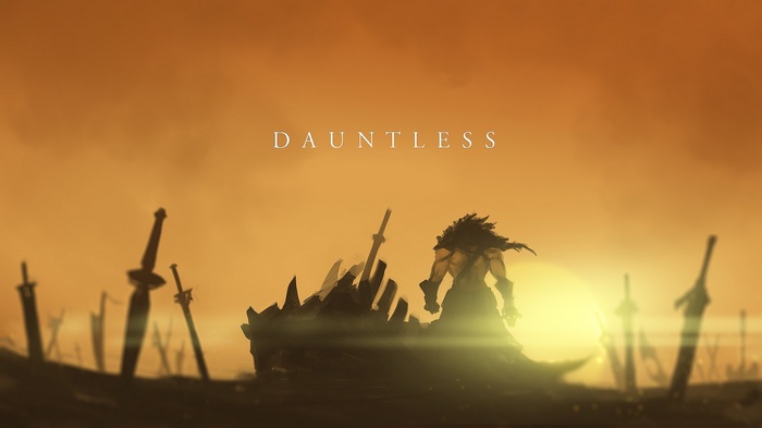 Dauntless title screen with warrior and swords
