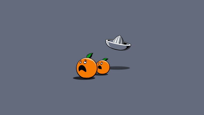 Two oranges scared of a juicer