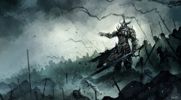 Fantasy warrior in a desolate battlefield