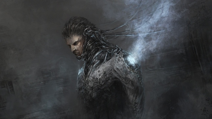 Futuristic cyborg man with metallic implants