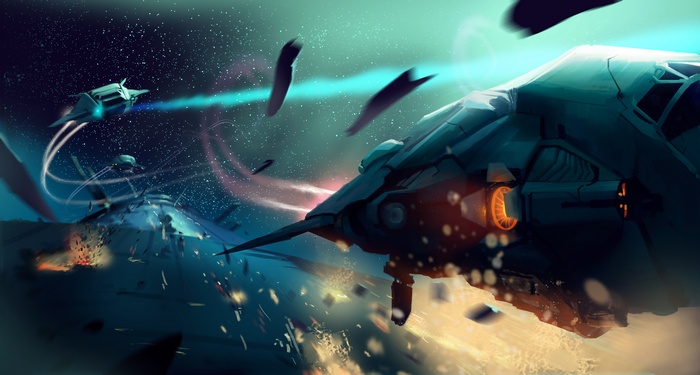 Spaceships in a space battle with explosions