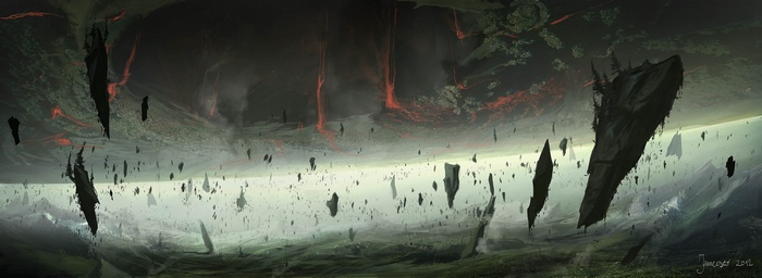 Floating islands with lava and debris in a desolate landscape