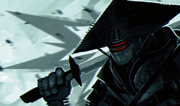 Ninja robot with sword and red eyes