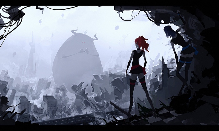 Two girls and a giant creature in a ruined city