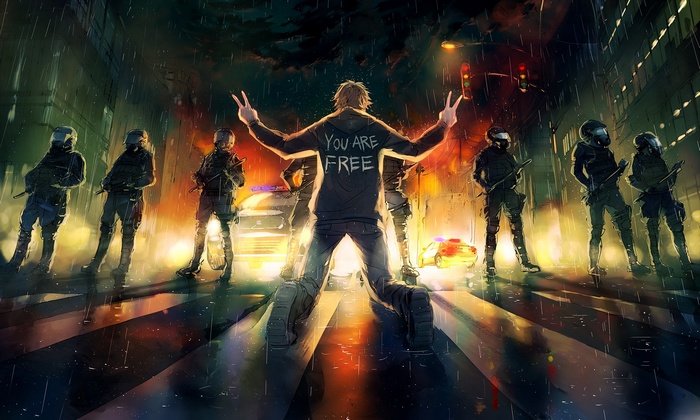 Artwork of a person with "YOU ARE FREE" on their hoodie facing police