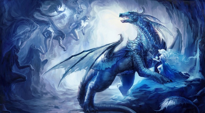 Blue dragon and ice spirits in a cave