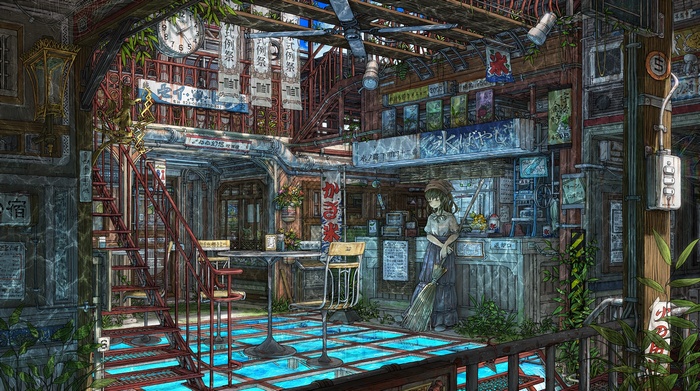 Anime girl with broom in a cafe