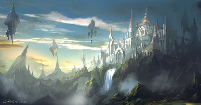Fantasy castle on a cliff with floating islands