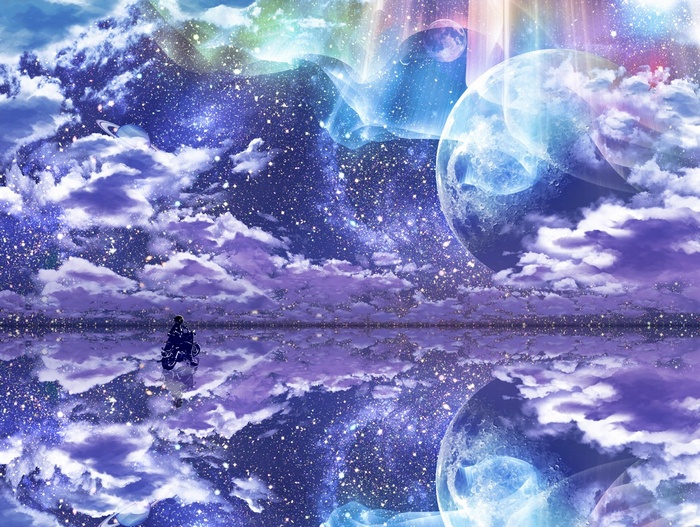 Motorcycle rider on a reflective surface under a starry sky with planets and aurorae