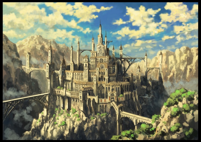 Fantasy castle with bridges on a cliff