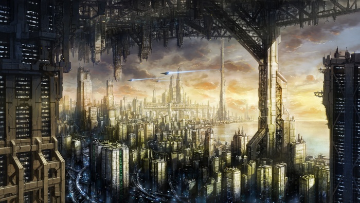 Futuristic cityscape with flying vehicles at sunset