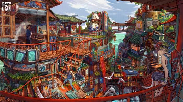 Fantasy Asian city with canals and buildings