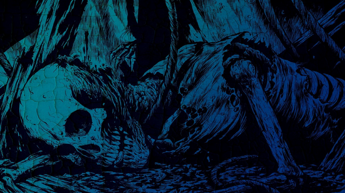 A dark and eerie depiction of a skeleton