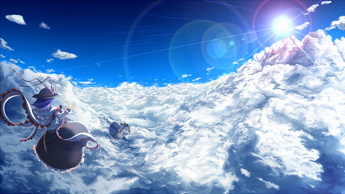 Hinanawi Tenshi and Shirayuki Mutsumi in the clouds