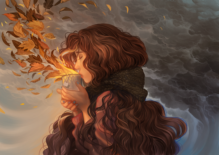 Woman holding a mug with autumn leaves and stormy clouds
