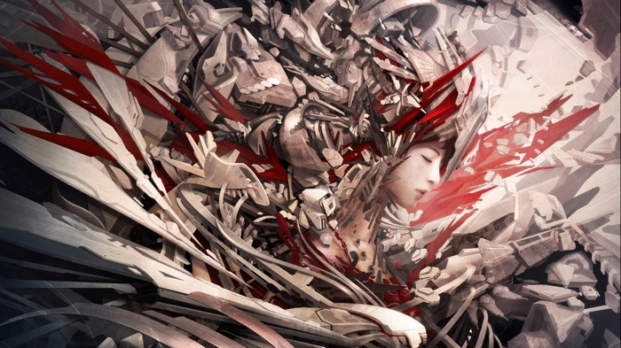 Abstract mechanical and organic forms with red accents