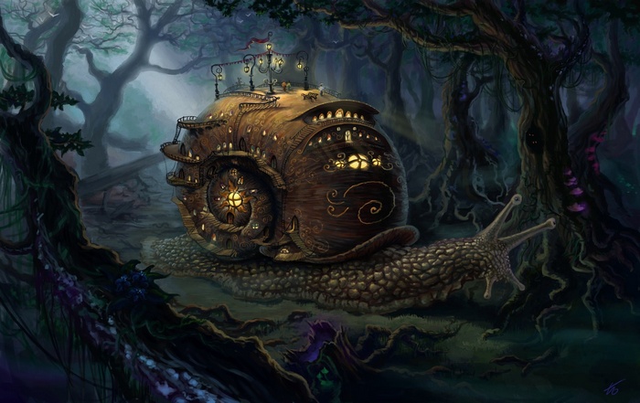 Fantasy snail house in a dark forest
