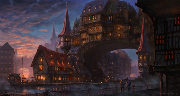 Fantasy village with a river at dusk