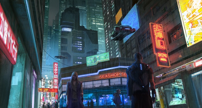 Cyberpunk city street with neon signs and flying vehicles