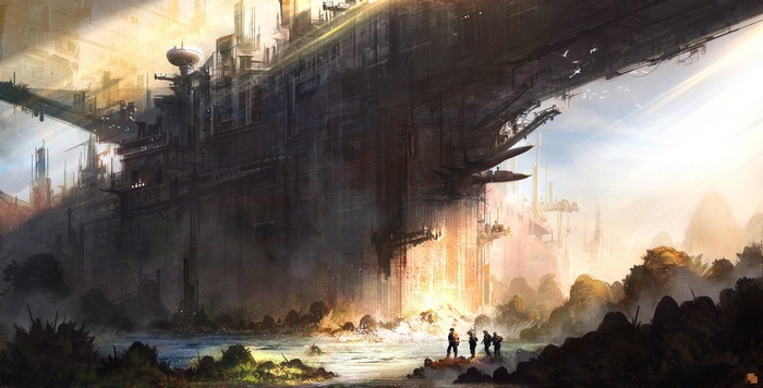 Massive futuristic city structure over a rocky landscape