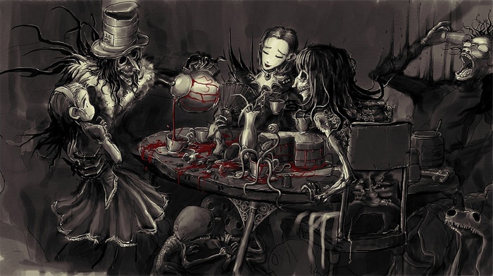 Gothic Alice in Wonderland tea party with blood