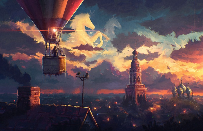 Hot air balloon with horse clouds over city