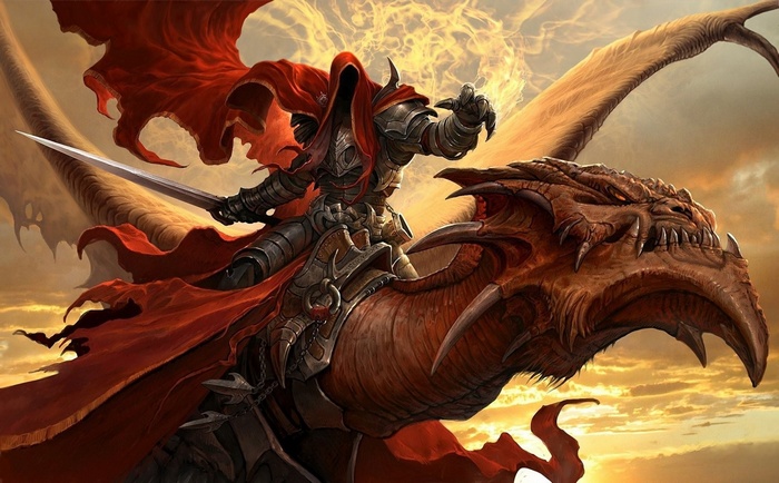Warrior riding a dragon with a sword