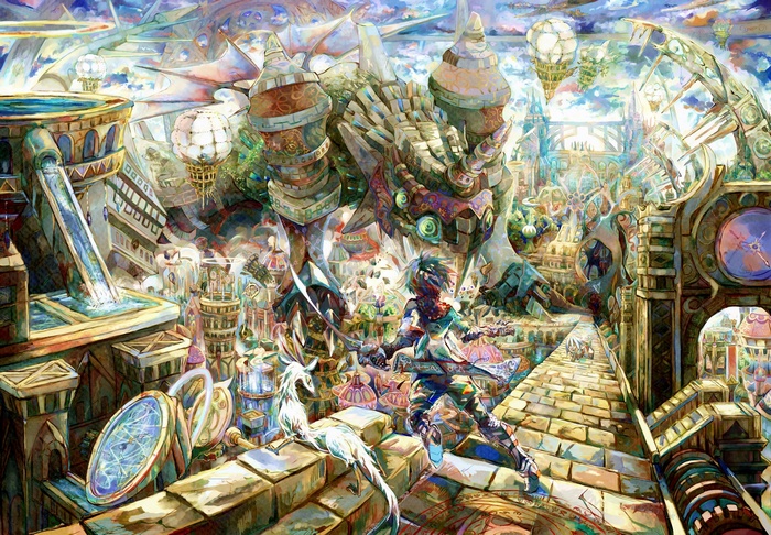 Fantasy art of a dragon and warrior in a city