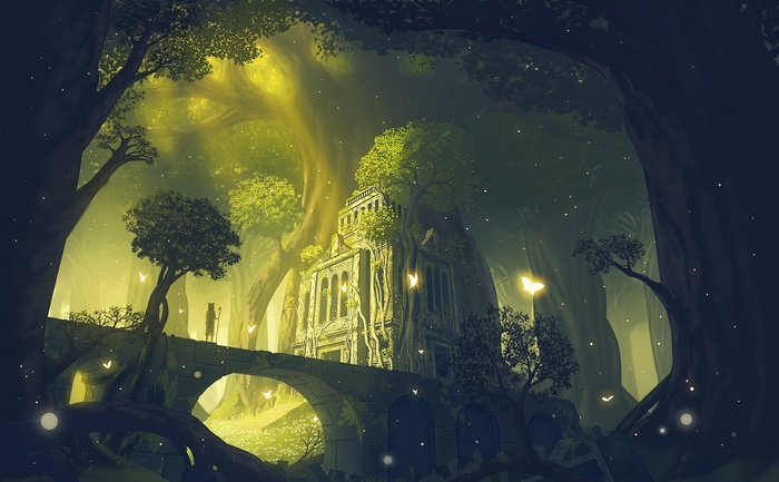 Fantasy art of a mystical forest with ancient ruins