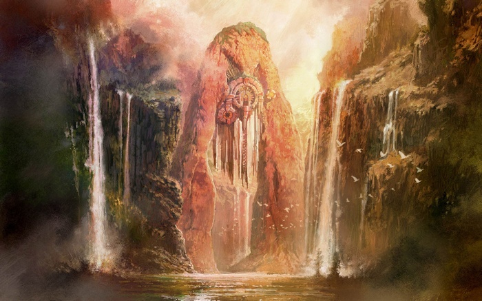 Fantasy art of a waterfall with ancient ruins