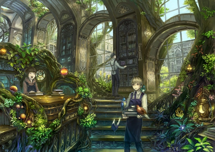 Magical library with trees and people