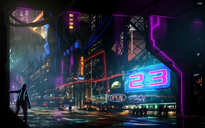 Cyberpunk city street with neon signs and a person