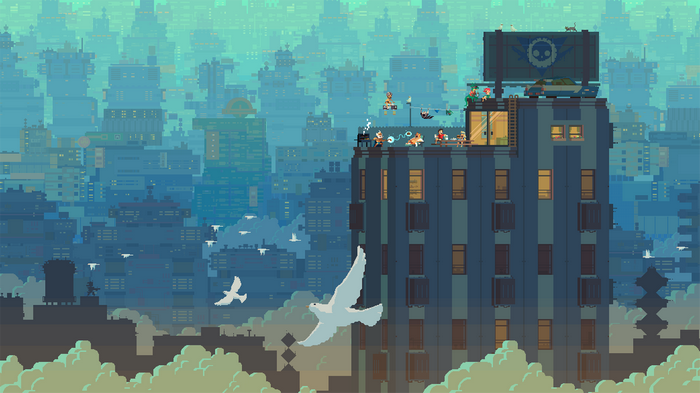 Super Time Force pixel art cityscape with birds