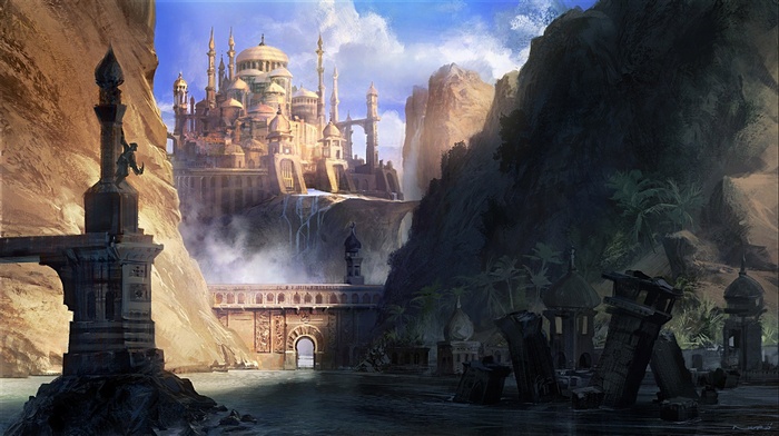 Fantasy palace ruins by a river with waterfalls