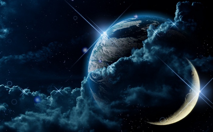 Space art with planets and clouds