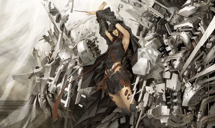 Woman in black outfit amidst mechanical structures