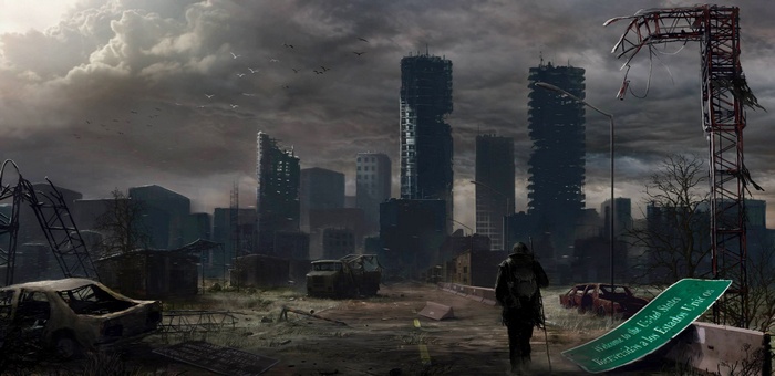 Post-apocalyptic city with ruined buildings and a lone figure