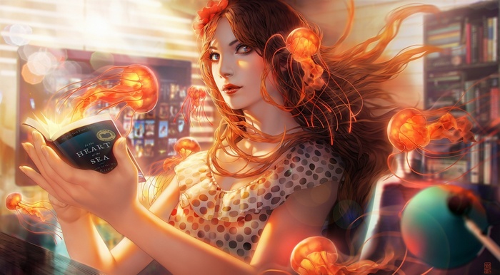 Woman reading a book with jellyfish emerging from it